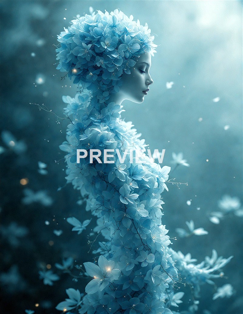 A woman with her body and hair covered in blue flowers, with a serene profile view, set against a soft, dreamy background with floating petals or lights.